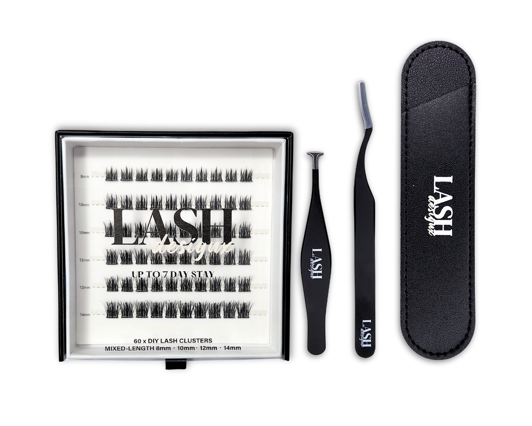 Lash Design X pre-glued lash tray with applicator tools and faux leather case