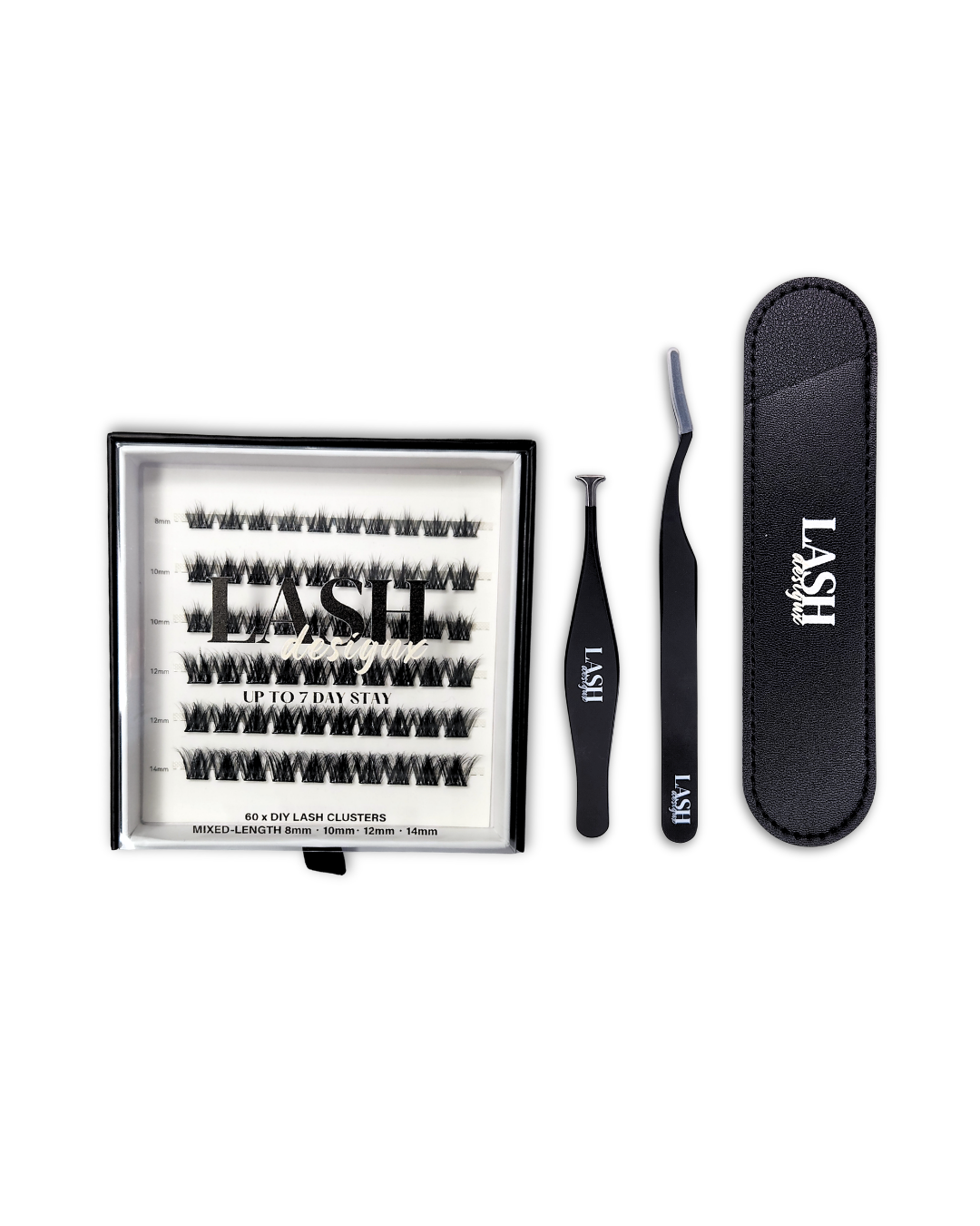 Lash Design X pre-glued lash tray with applicator tools and faux leather case