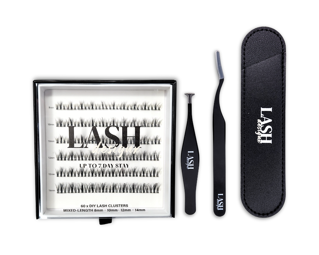 Lash Design X pre-glued lash tray with applicator tools and faux leather case