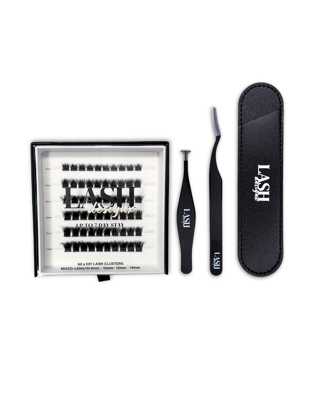 Lash Design X pre-glued lash tray with applicator tools and faux leather case