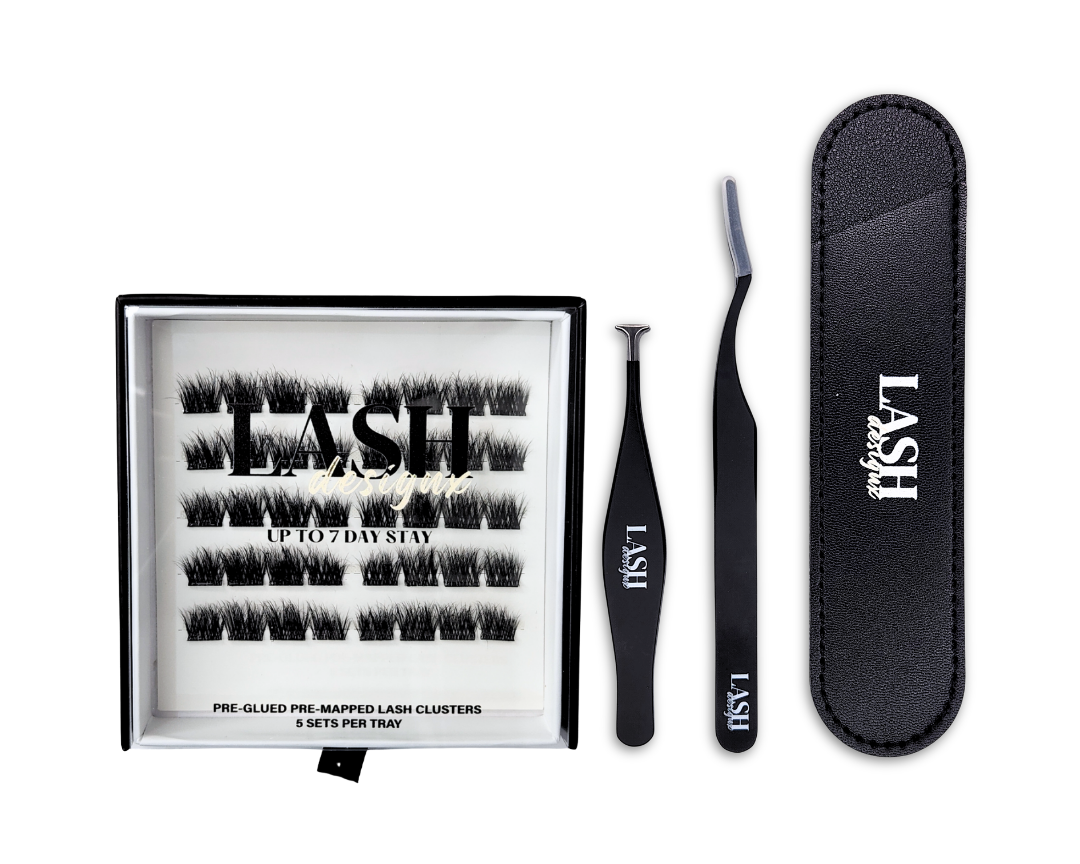 Lash Design X pre-glued lash tray with applicator tools and faux leather case