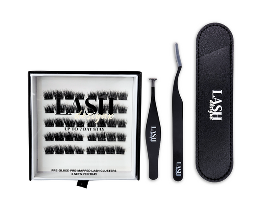 Lash Design X pre-glued lash tray with applicator tools and faux leather case